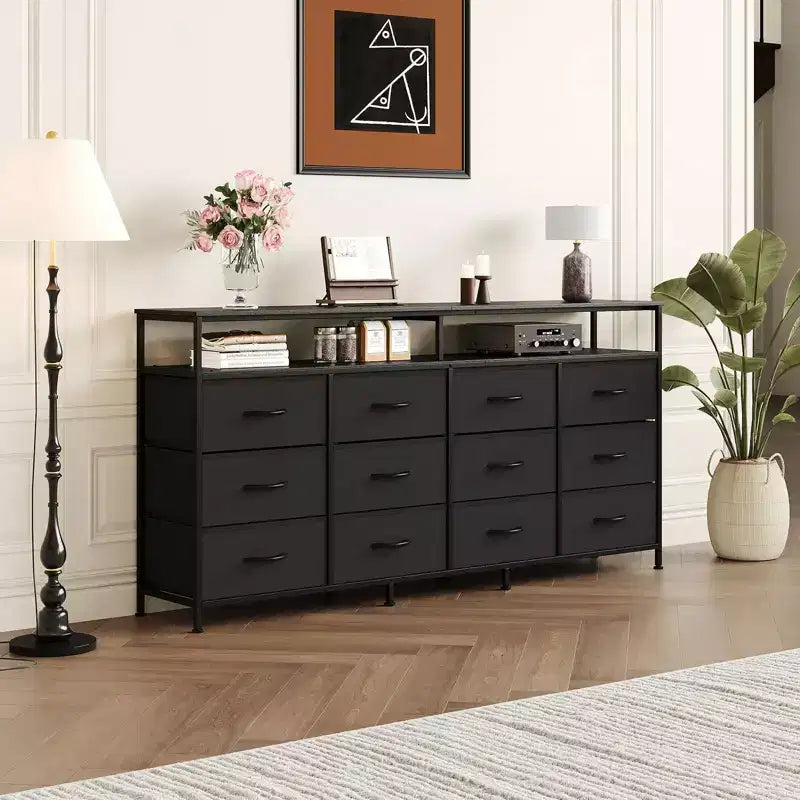 63 Inches Fabric Dresser TV Stand for Bedroom - 12 Drawer Long Dresser for Living Room - Black Chest of Drawers with Open Shelves