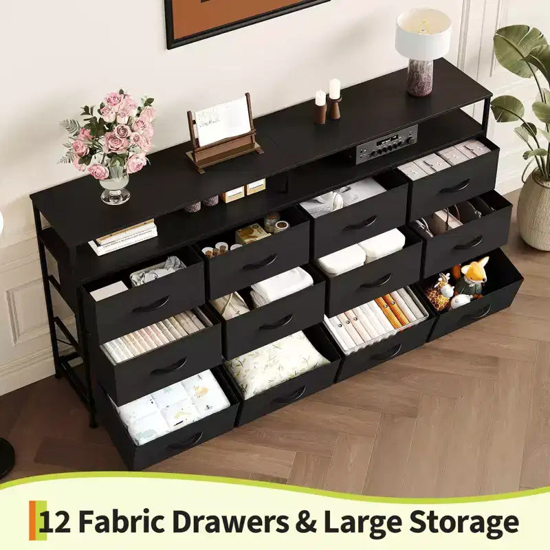 63 Inches Fabric Dresser TV Stand for Bedroom - 12 Drawer Long Dresser for Living Room - Black Chest of Drawers with Open Shelves