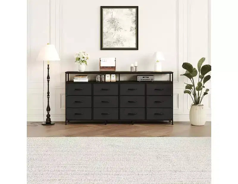 63 Inches Fabric Dresser TV Stand for Bedroom - 12 Drawer Long Dresser for Living Room - Black Chest of Drawers with Open Shelves