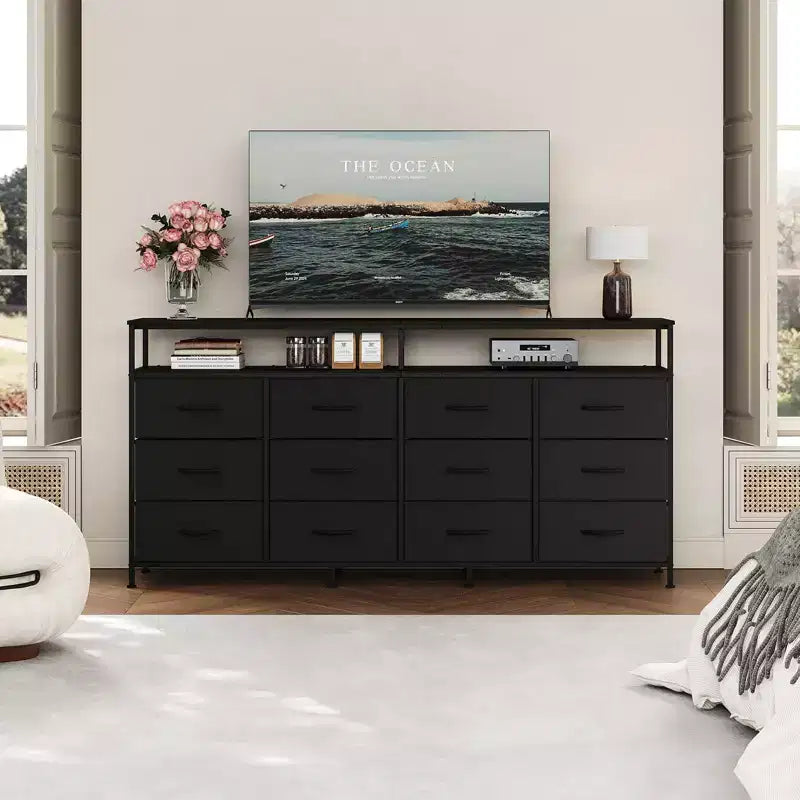 63 Inches Fabric Dresser TV Stand for Bedroom - 12 Drawer Long Dresser for Living Room - Black Chest of Drawers with Open Shelves