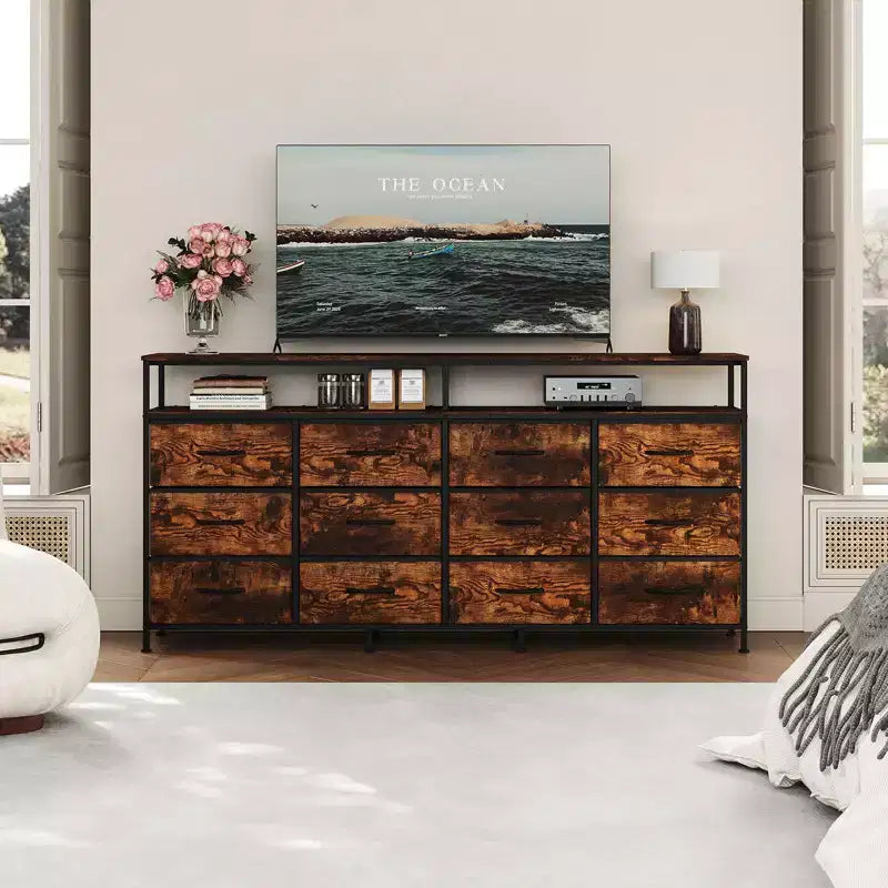 63 Inches Fabric Dresser TV Stand for Bedroom - 12 Drawer Long Dresser for Living Room - Black Chest of Drawers with Open Shelves