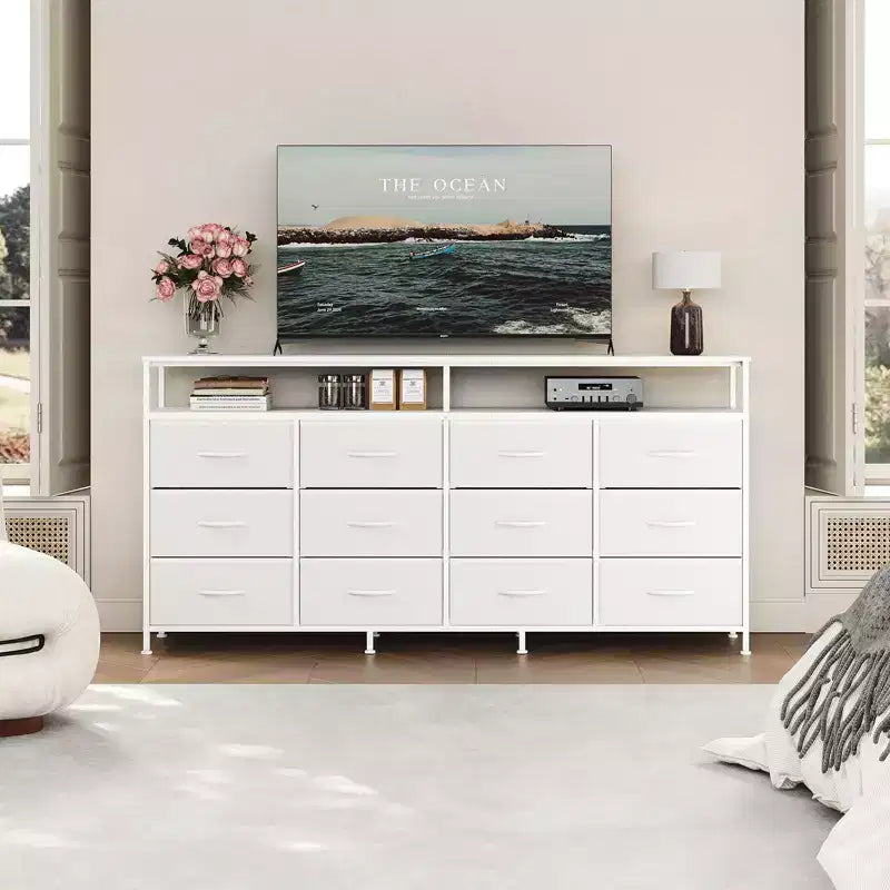 63 Inches Fabric Dresser TV Stand for Bedroom - 12 Drawer Long Dresser for Living Room - Black Chest of Drawers with Open Shelves