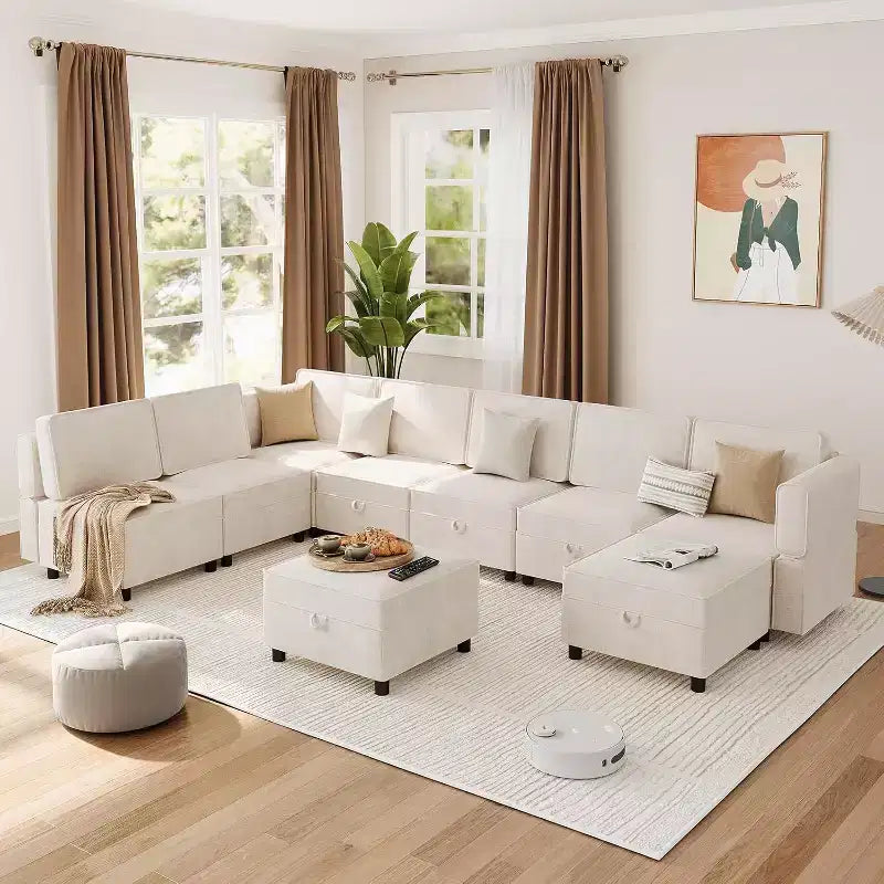 Acekool 9-Seat Modular L-Shaped Sectional Sofa, with Storage Ottoman, Convertible Sleeper, for Living Room, Bedroom, Beige