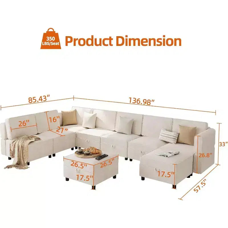 9-Seat L-Shaped Sectional Sofa, with Storage Ottoman, Convertible Sleeper, for Living Room, Bedroom, Beige