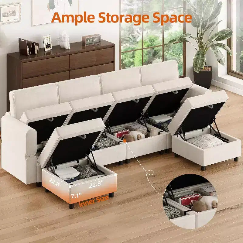 9-Seat L-Shaped Sectional Sofa, with Storage Ottoman, Convertible Sleeper, for Living Room, Bedroom, Beige