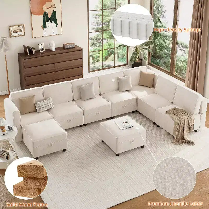 9-Seat L-Shaped Sectional Sofa, with Storage Ottoman, Convertible Sleeper, for Living Room, Bedroom, Beige