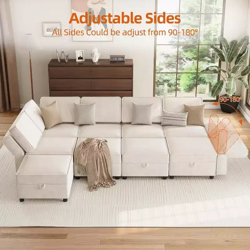 9-Seat L-Shaped Sectional Sofa, with Storage Ottoman, Convertible Sleeper, for Living Room, Bedroom, Beige