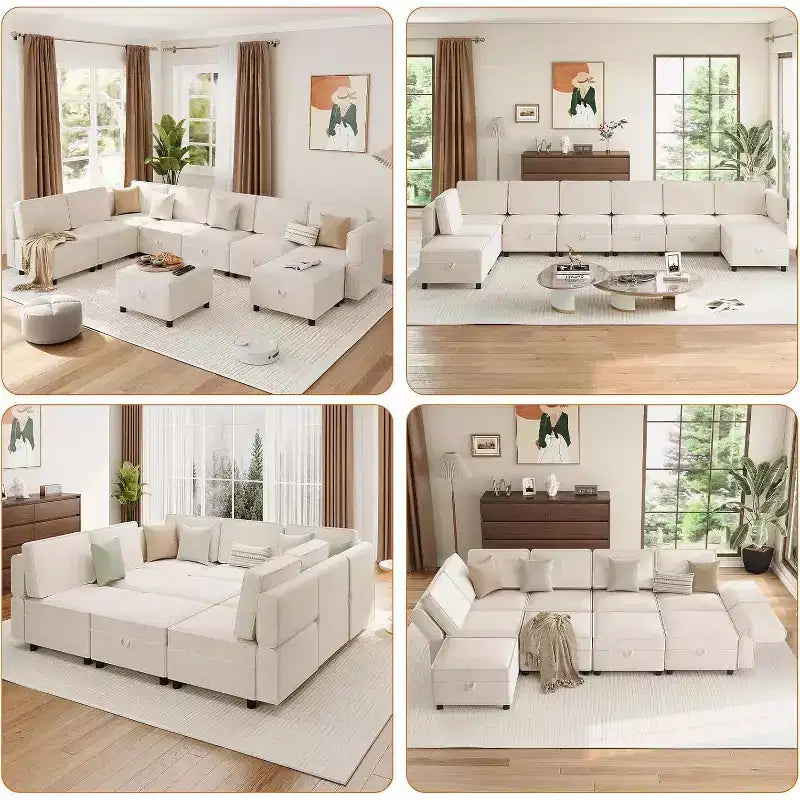 9-Seat L-Shaped Sectional Sofa, with Storage Ottoman, Convertible Sleeper, for Living Room, Bedroom, Beige