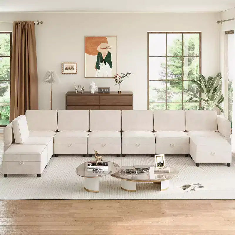 9-Seat L-Shaped Sectional Sofa, with Storage Ottoman, Convertible Sleeper, for Living Room, Bedroom, Beige