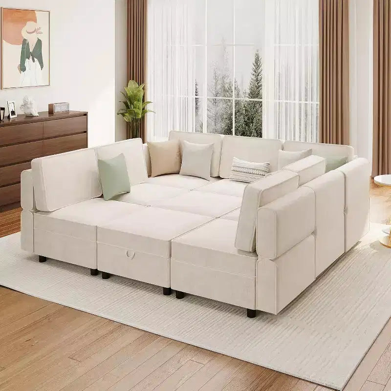 9-Seat L-Shaped Sectional Sofa, with Storage Ottoman, Convertible Sleeper, for Living Room, Bedroom, Beige