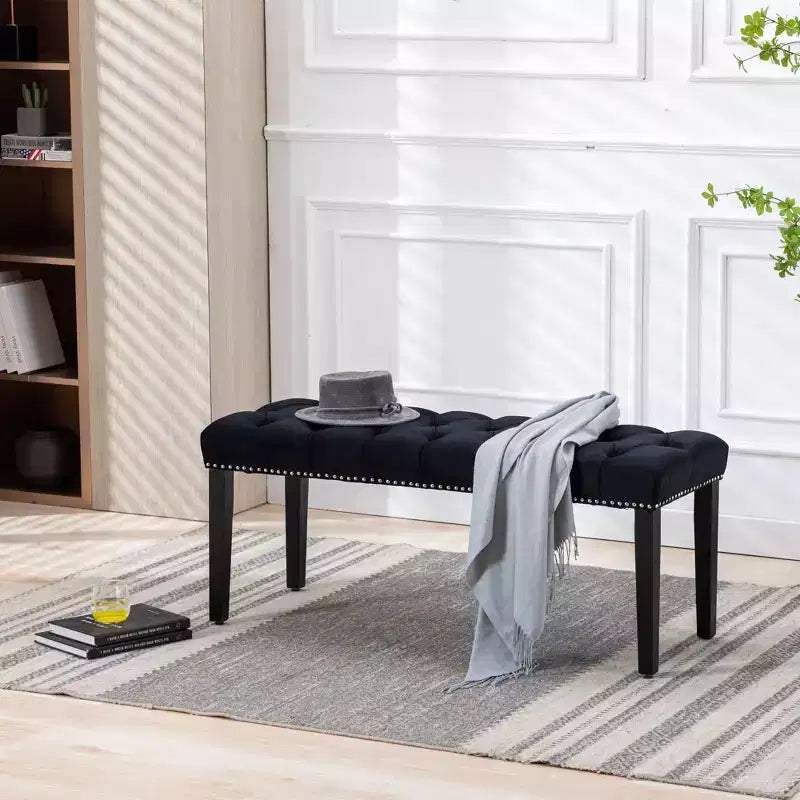 45.2 Modern Velvet Bench Ottoman with Tufted Upholstered Rectangle Entryway Bench with Wood Legs Shoe Bench for Living Room, Bedroom