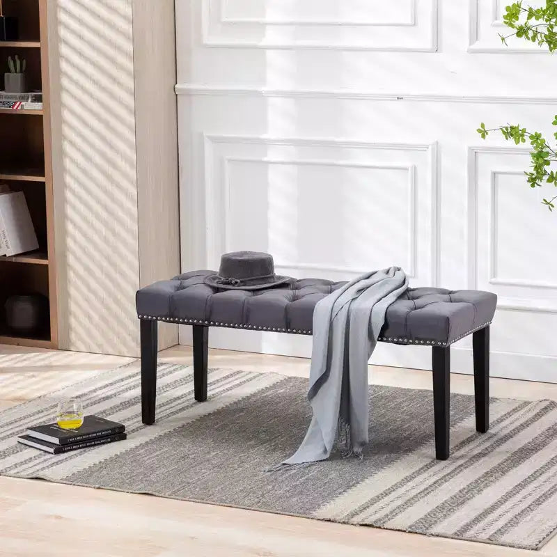45.2 Modern Velvet Bench Ottoman with Tufted Upholstered Rectangle Entryway Bench with Wood Legs Shoe Bench for Living Room, Bedroom