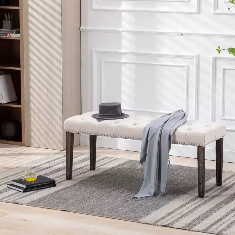 45.2 Modern Velvet Bench Ottoman with Tufted Upholstered Rectangle Entryway Bench with Wood Legs Shoe Bench for Living Room, Bedroom