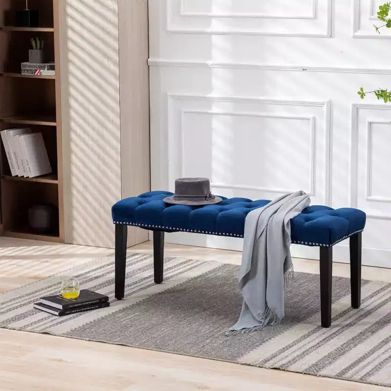 TUYOHW 45.2 Modern Velvet Bench Ottoman with Tufted Upholstered Rectangle Entryway Bench with Wood Legs Shoe Bench for Living Room, Bedroom
