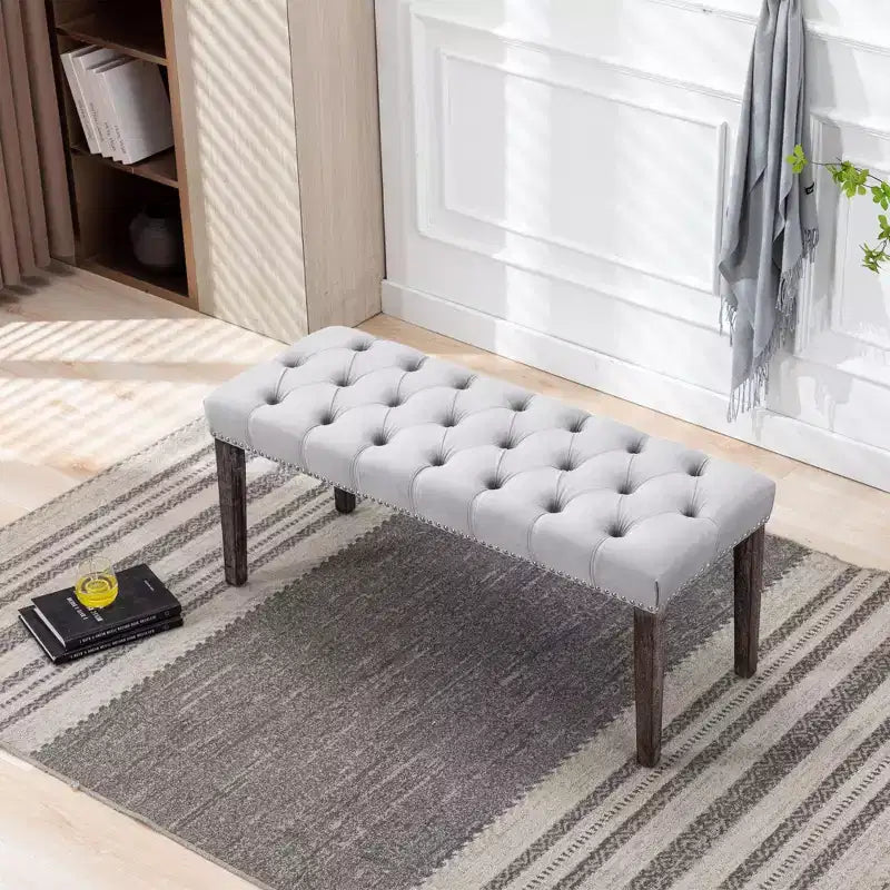 45.2 Modern Velvet Bench Ottoman with Tufted Upholstered Rectangle Entryway Bench with Wood Legs Shoe Bench for Living Room, Bedroom