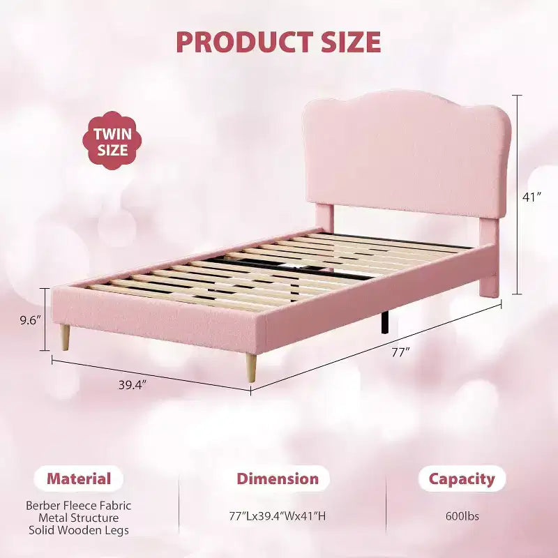 Twin Size Upholstered Platform Bed Frame with Scallop Headboard for Kids - Pink