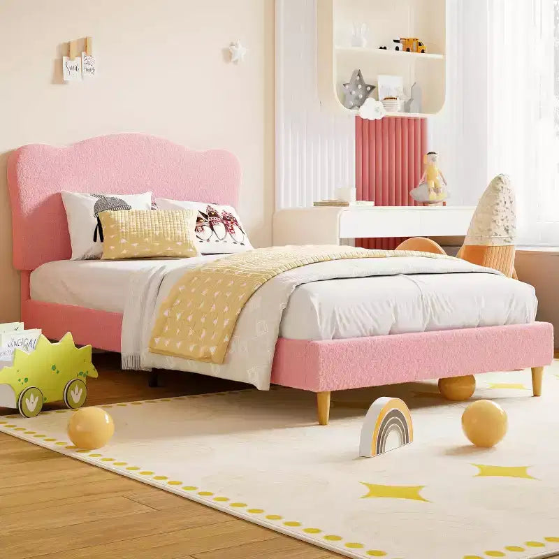 Twin Size Upholstered Platform Bed Frame with Scallop Headboard for Kids - Pink