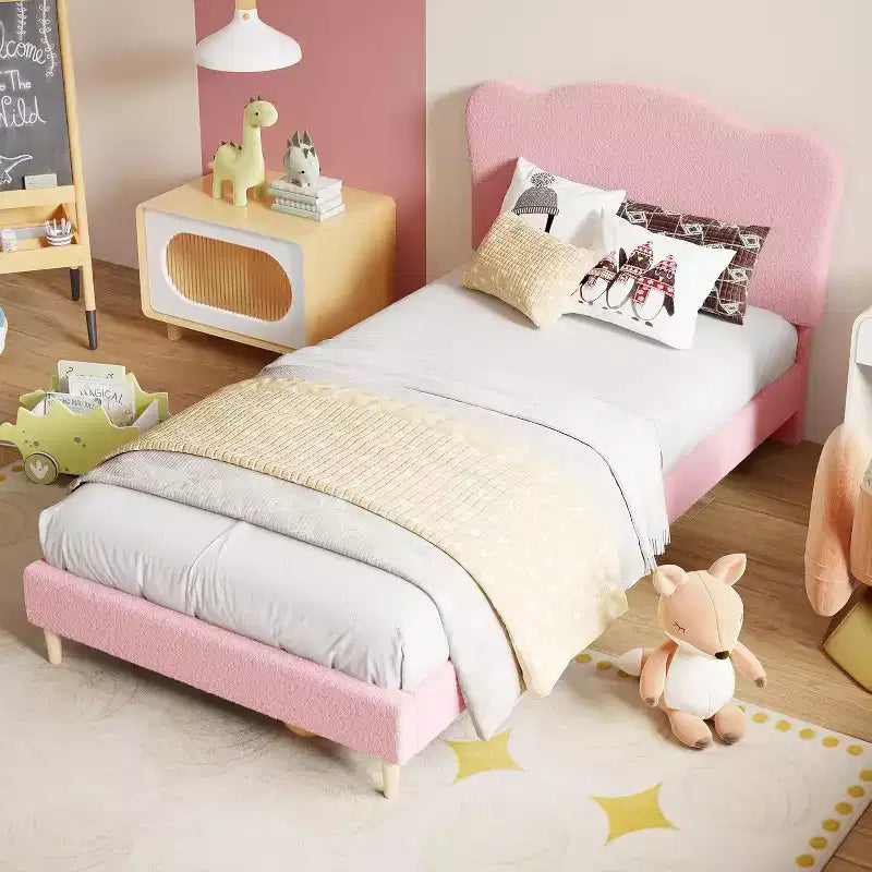 Twin Size Upholstered Platform Bed Frame with Scallop Headboard for Kids - Pink