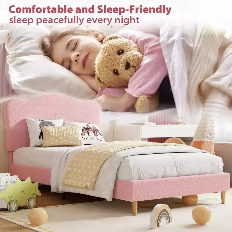 Twin Size Upholstered Platform Bed Frame with Scallop Headboard for Kids - Pink
