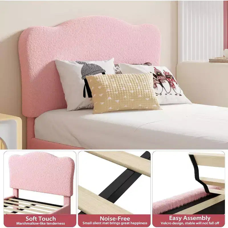 Twin Size Upholstered Platform Bed Frame with Scallop Headboard for Kids - Pink