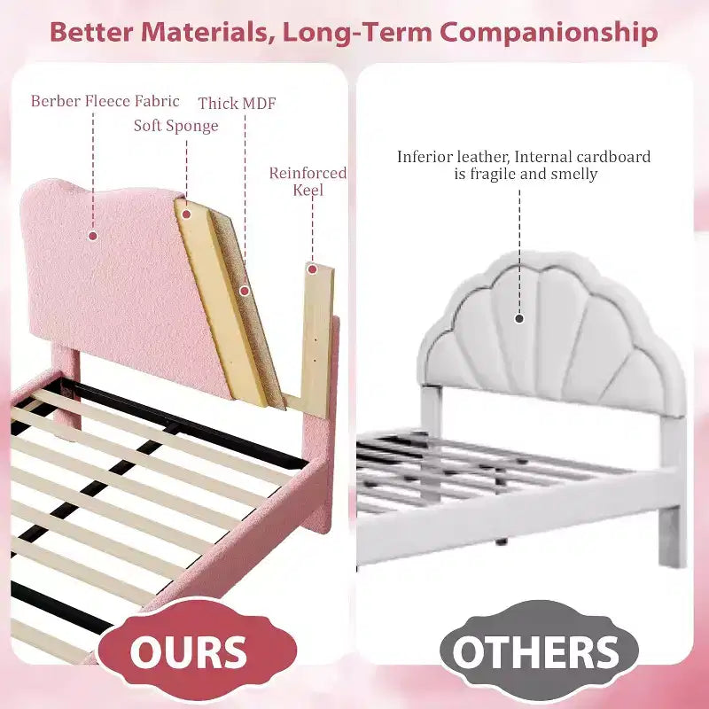 Twin Size Upholstered Platform Bed Frame with Scallop Headboard for Kids - Pink