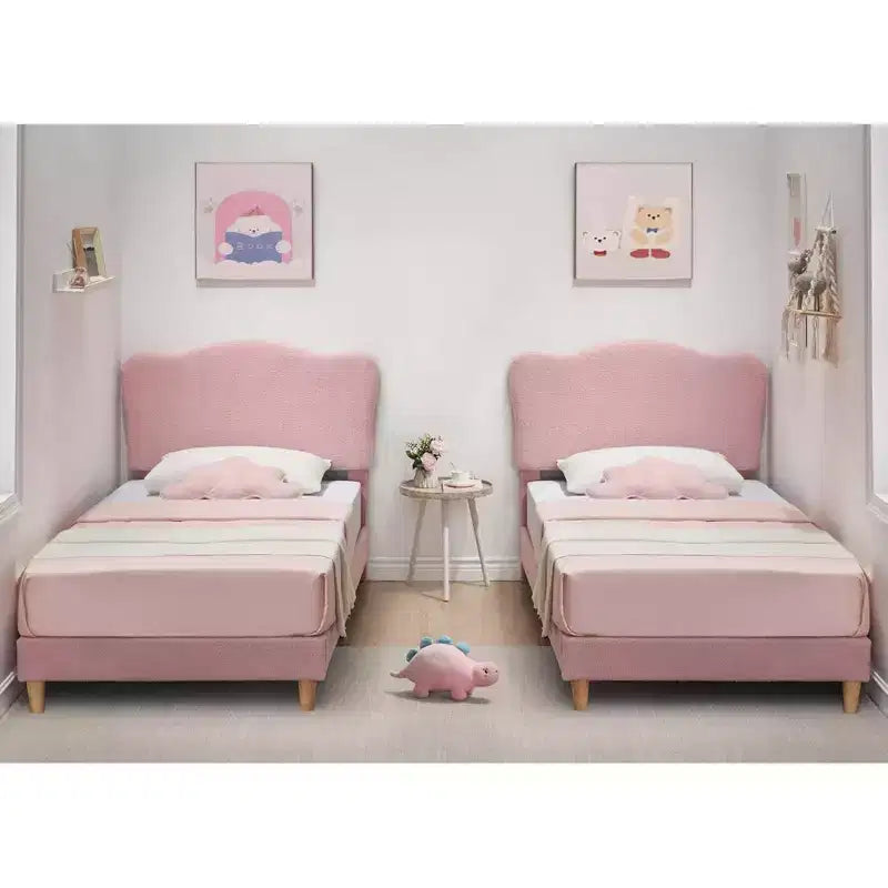 Twin Size Upholstered Platform Bed Frame with Scallop Headboard for Kids - Pink