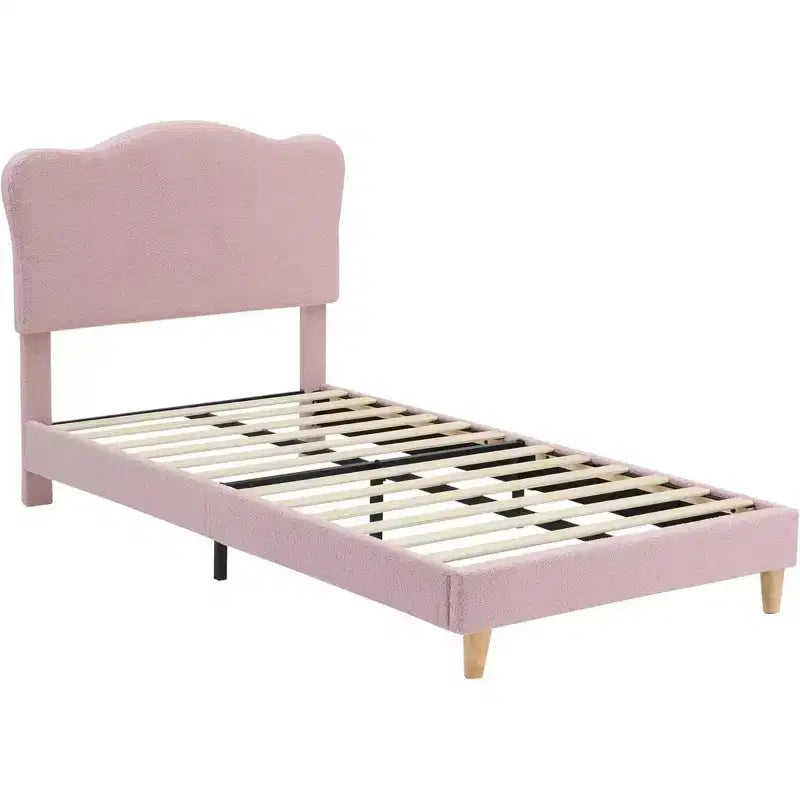 Twin Size Upholstered Platform Bed Frame with Scallop Headboard for Kids - Pink