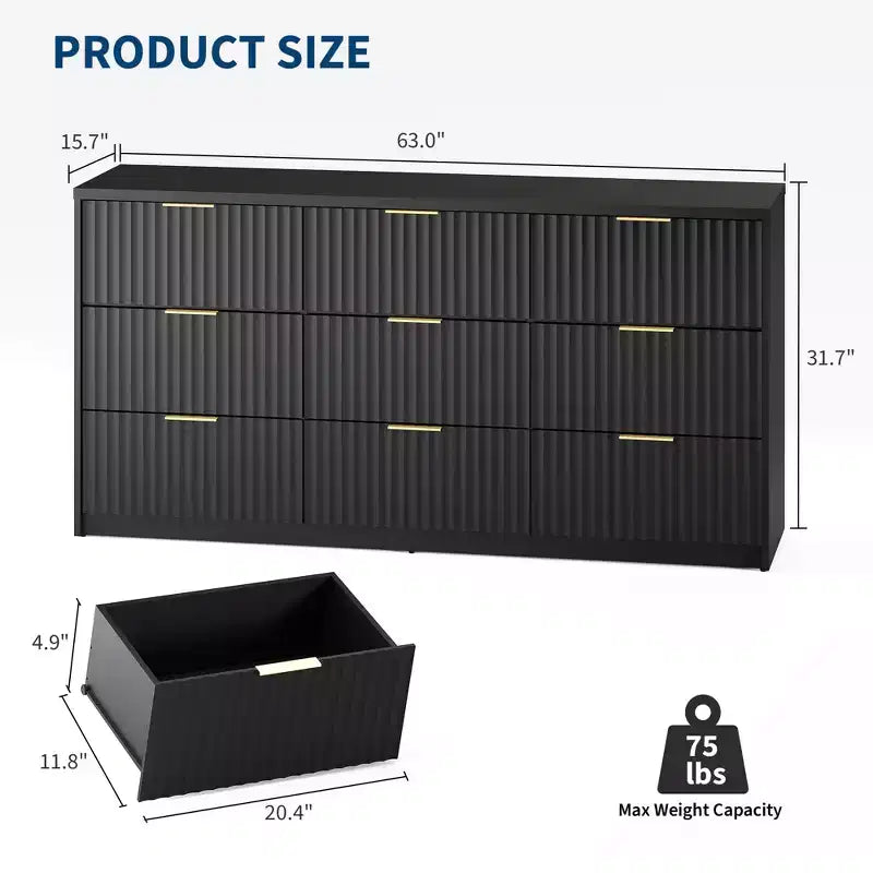 63 8/9-Drawer Fluted Dresser - Large Wooden Organizer with Metal Handles & Anti-Tip Design for Bedroom, Living Room, Hallway