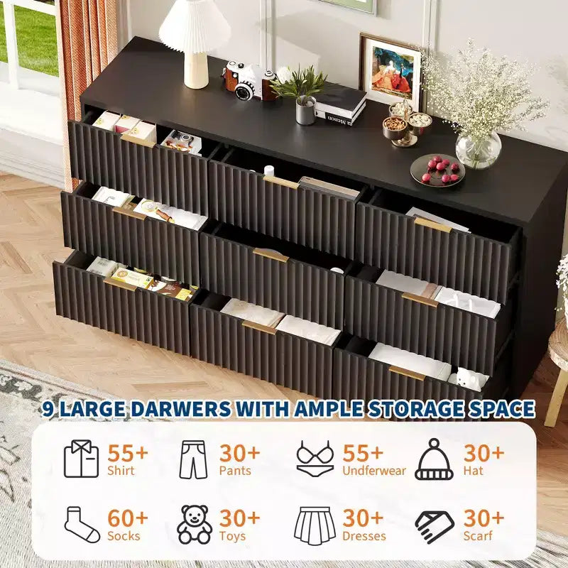 63 8/9-Drawer Fluted Dresser - Large Wooden Organizer with Metal Handles & Anti-Tip Design for Bedroom, Living Room, Hallway