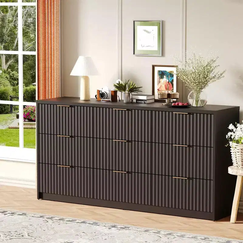 63 8/9-Drawer Fluted Dresser - Large Wooden Organizer with Metal Handles & Anti-Tip Design for Bedroom, Living Room, Hallway