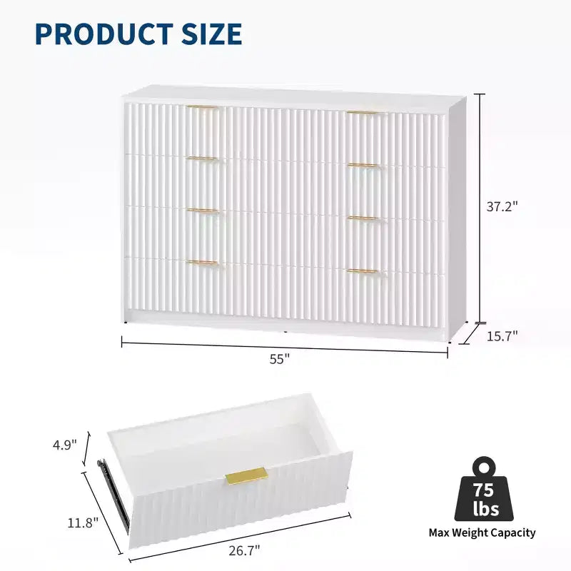 63 8/9-Drawer Fluted Dresser - Large Wooden Organizer with Metal Handles & Anti-Tip Design for Bedroom, Living Room, Hallway