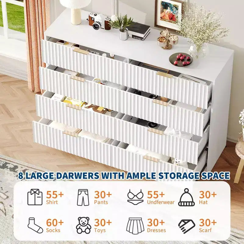 63 8/9-Drawer Fluted Dresser - Large Wooden Organizer with Metal Handles & Anti-Tip Design for Bedroom, Living Room, Hallway
