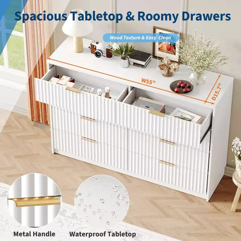 63 8/9-Drawer Fluted Dresser - Large Wooden Organizer with Metal Handles & Anti-Tip Design for Bedroom, Living Room, Hallway