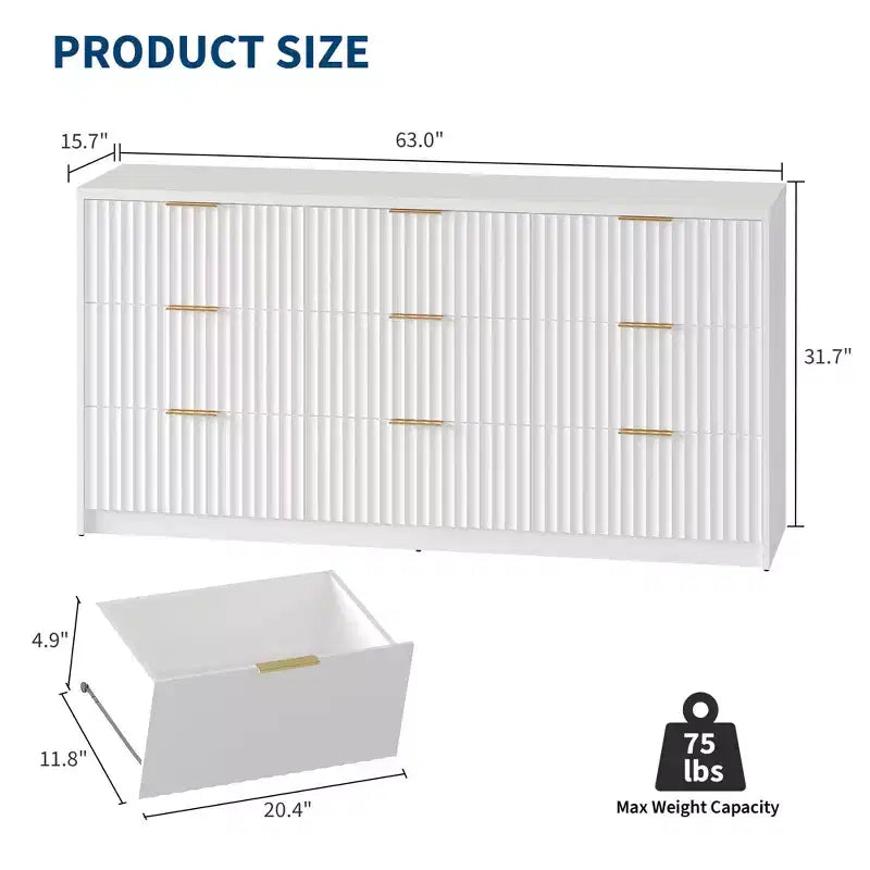 63 8/9-Drawer Fluted Dresser - Large Wooden Organizer with Metal Handles & Anti-Tip Design for Bedroom, Living Room, Hallway