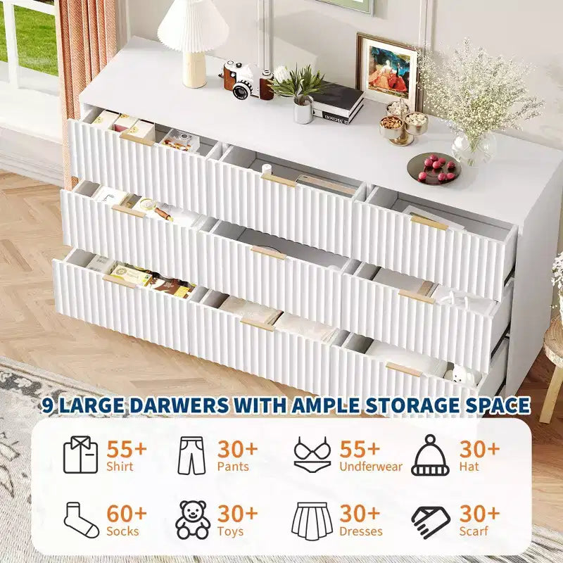 63 8/9-Drawer Fluted Dresser - Large Wooden Organizer with Metal Handles & Anti-Tip Design for Bedroom, Living Room, Hallway