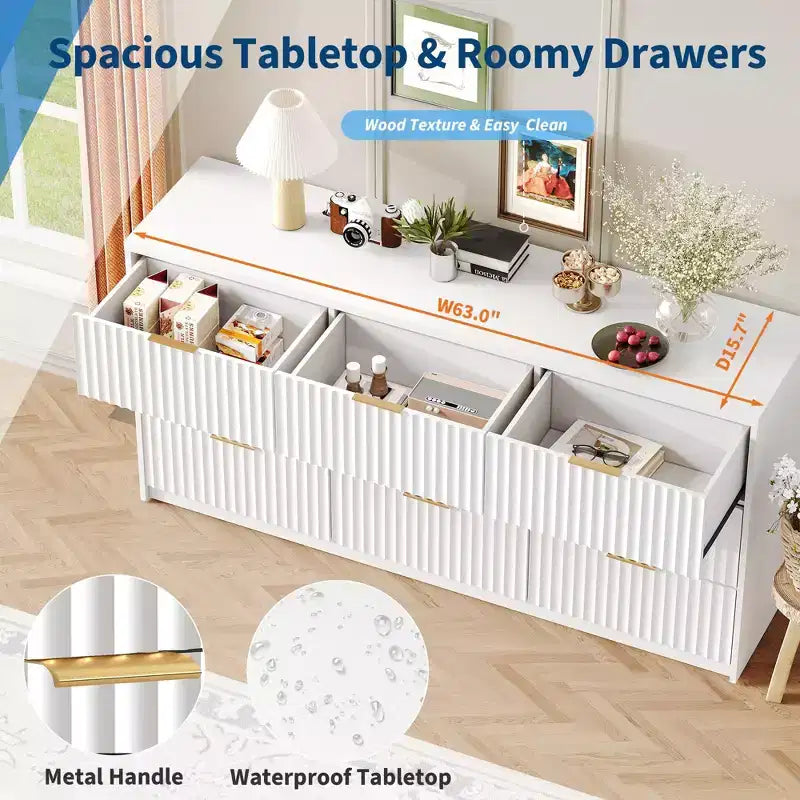 63 8/9-Drawer Fluted Dresser - Large Wooden Organizer with Metal Handles & Anti-Tip Design for Bedroom, Living Room, Hallway