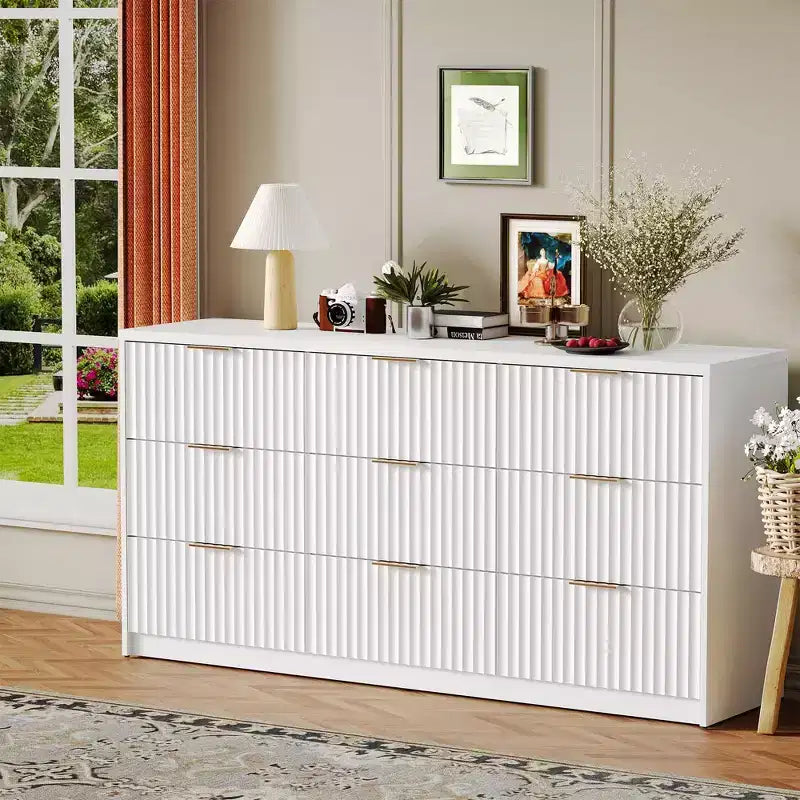 63 8/9-Drawer Fluted Dresser - Large Wooden Organizer with Metal Handles & Anti-Tip Design for Bedroom, Living Room, Hallway