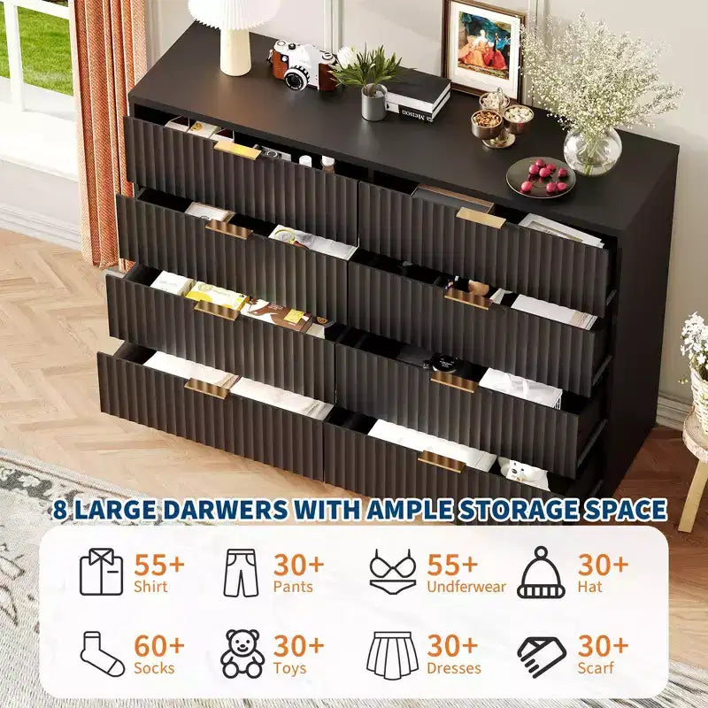 63 8/9-Drawer Fluted Dresser - Large Wooden Organizer with Metal Handles & Anti-Tip Design for Bedroom, Living Room, Hallway