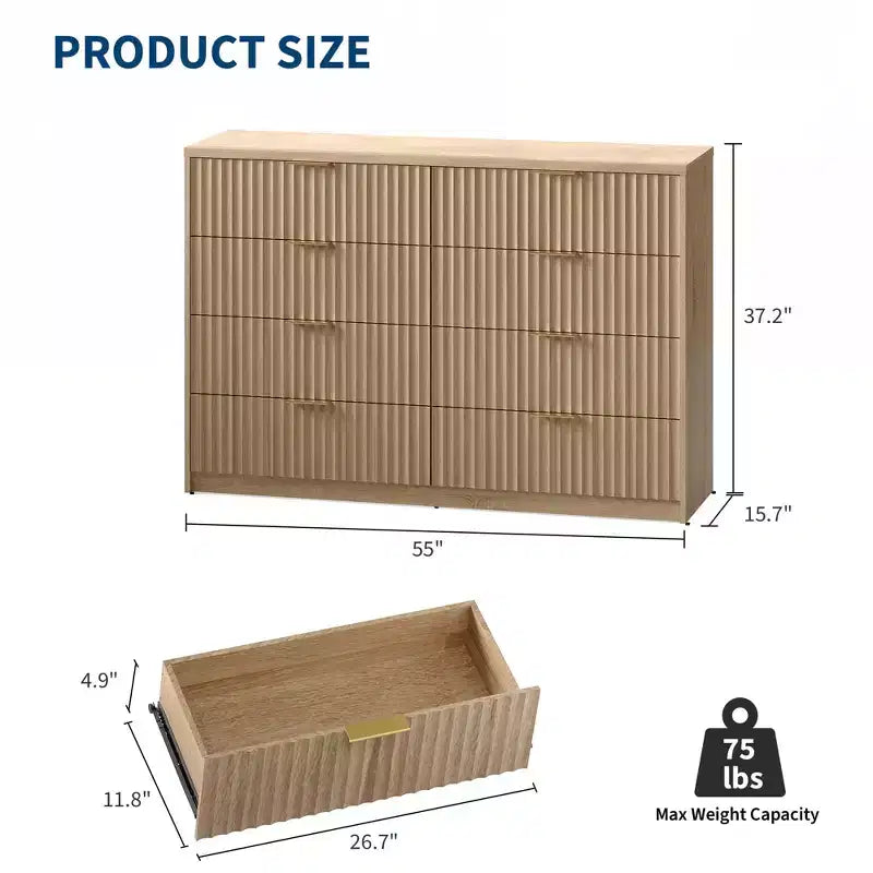 63 8/9-Drawer Fluted Dresser - Large Wooden Organizer with Metal Handles & Anti-Tip Design for Bedroom, Living Room, Hallway