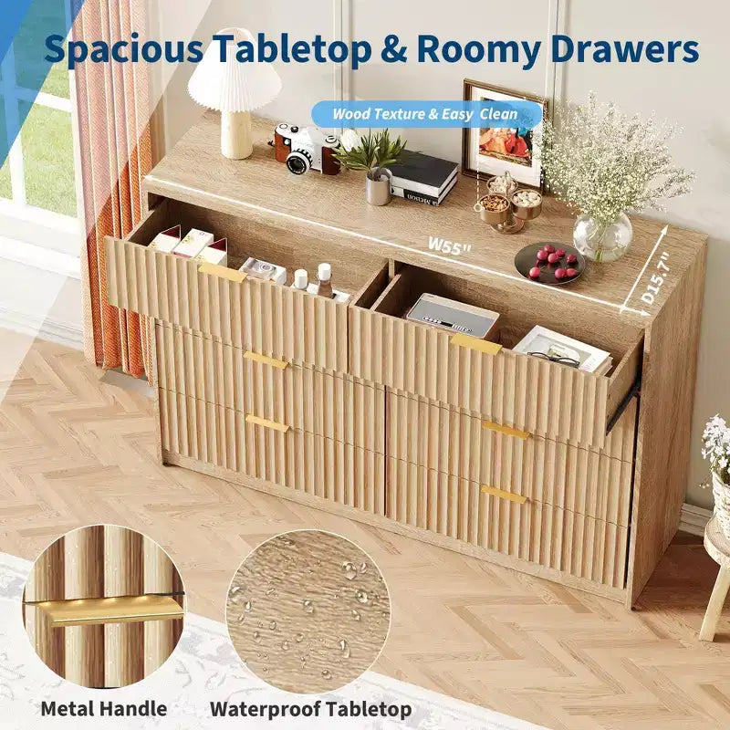 63 8/9-Drawer Fluted Dresser - Large Wooden Organizer with Metal Handles & Anti-Tip Design for Bedroom, Living Room, Hallway