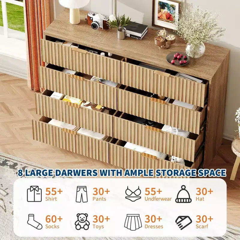 63 8/9-Drawer Fluted Dresser - Large Wooden Organizer with Metal Handles & Anti-Tip Design for Bedroom, Living Room, Hallway