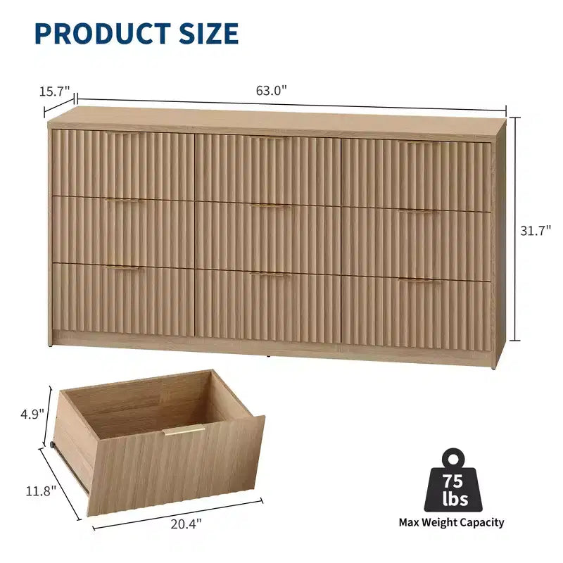 63 8/9-Drawer Fluted Dresser - Large Wooden Organizer with Metal Handles & Anti-Tip Design for Bedroom, Living Room, Hallway