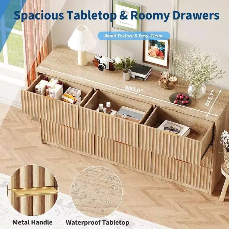63 8/9-Drawer Fluted Dresser - Large Wooden Organizer with Metal Handles & Anti-Tip Design for Bedroom, Living Room, Hallway
