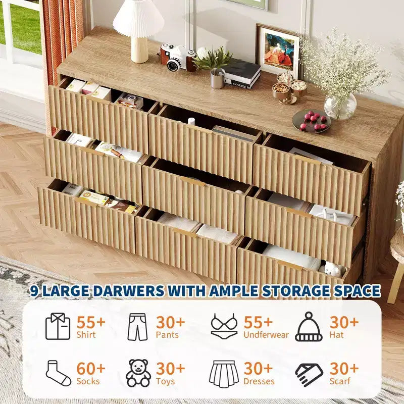 63 8/9-Drawer Fluted Dresser - Large Wooden Organizer with Metal Handles & Anti-Tip Design for Bedroom, Living Room, Hallway