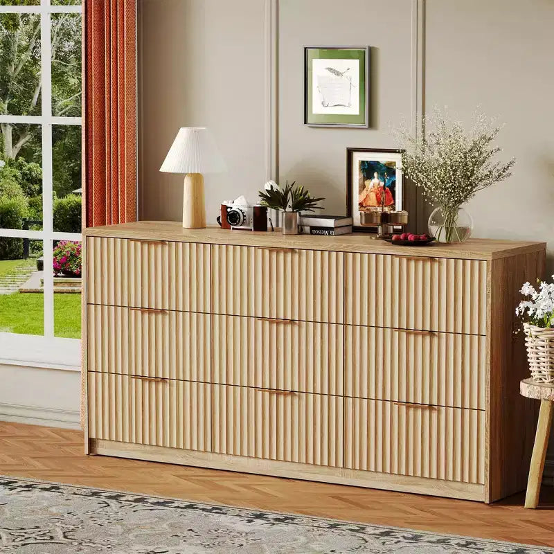 63 8/9-Drawer Fluted Dresser - Large Wooden Organizer with Metal Handles & Anti-Tip Design for Bedroom, Living Room, Hallway