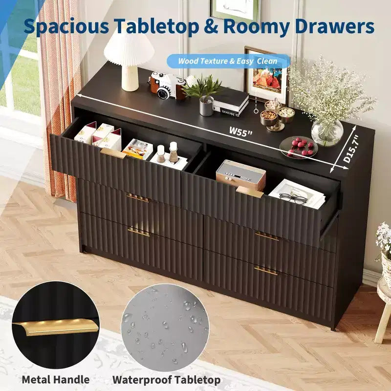 63 8/9-Drawer Fluted Dresser - Large Wooden Organizer with Metal Handles & Anti-Tip Design for Bedroom, Living Room, Hallway