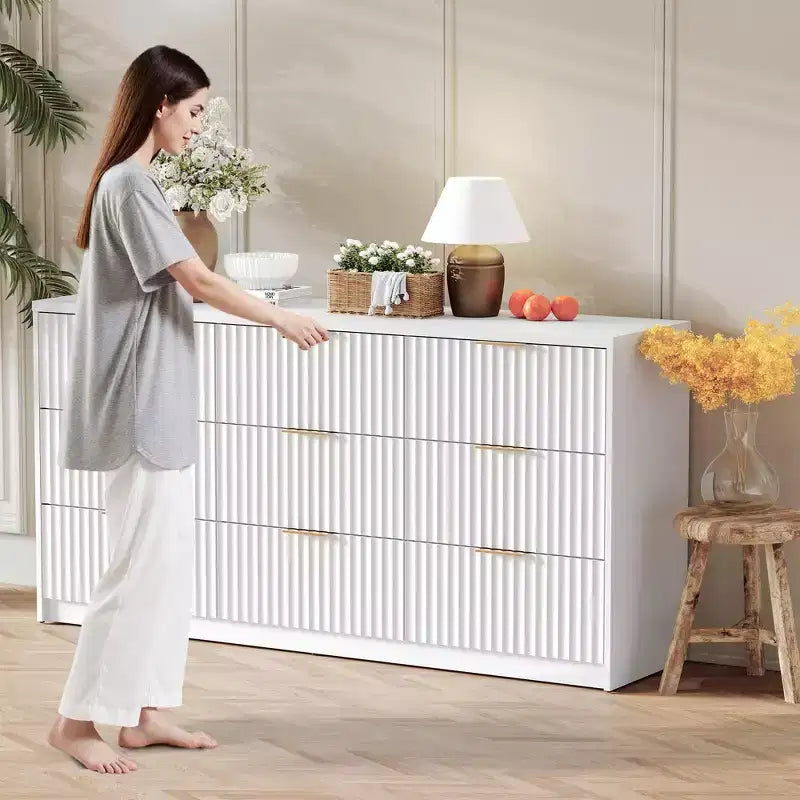 63 8/9-Drawer Fluted Dresser - Large Wooden Organizer with Metal Handles & Anti-Tip Design for Bedroom, Living Room, Hallway