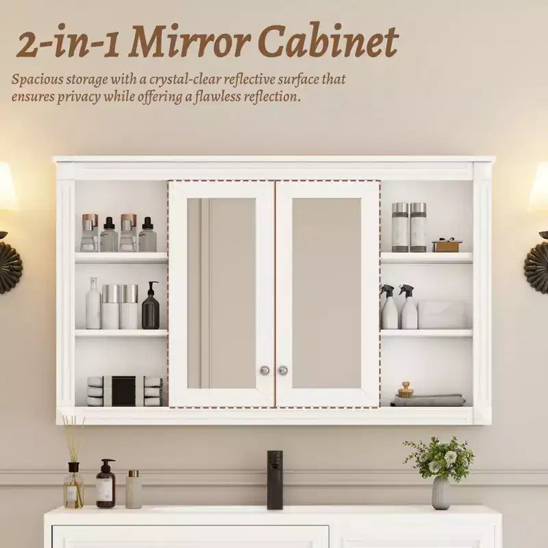 47 Inch Bathroom Wall Cabinet, Wall Mounted Medicine Cabinet with Mirror & Open Shelves, Over Toilet Floating Storage Cabinet for Bathroom