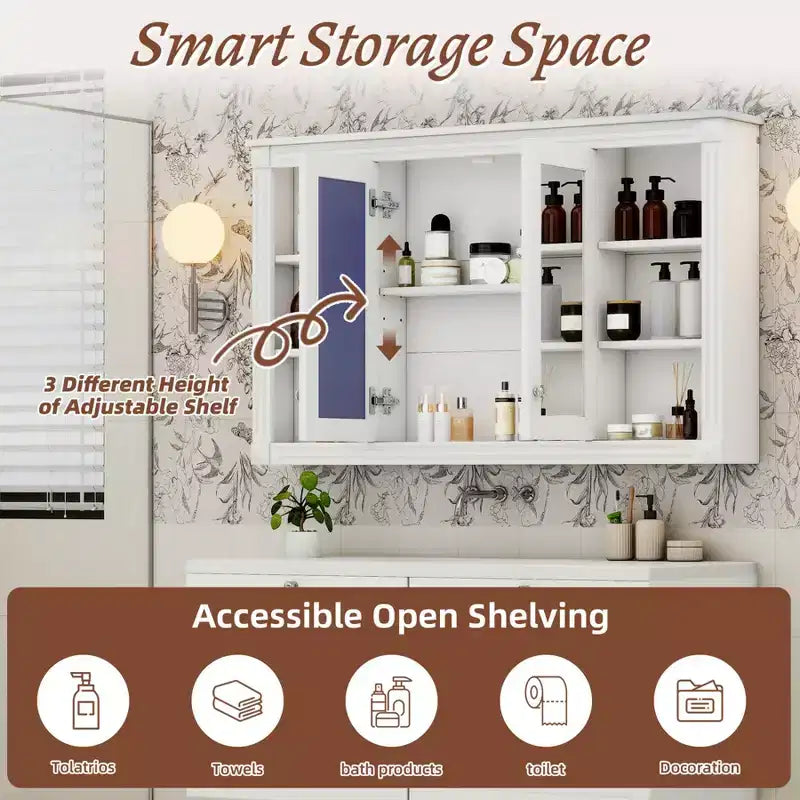 47 Inch Bathroom Wall Cabinet, Wall Mounted Medicine Cabinet with Mirror & Open Shelves, Over Toilet Floating Storage Cabinet for Bathroom