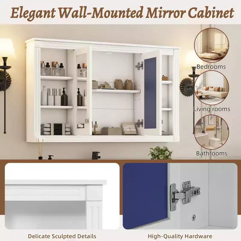 47 Inch Bathroom Wall Cabinet, Wall Mounted Medicine Cabinet with Mirror & Open Shelves, Over Toilet Floating Storage Cabinet for Bathroom